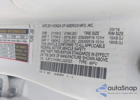 2019 Acura Rdx Standard from USA, damaged, VIN 5J8TC1H36KL022323